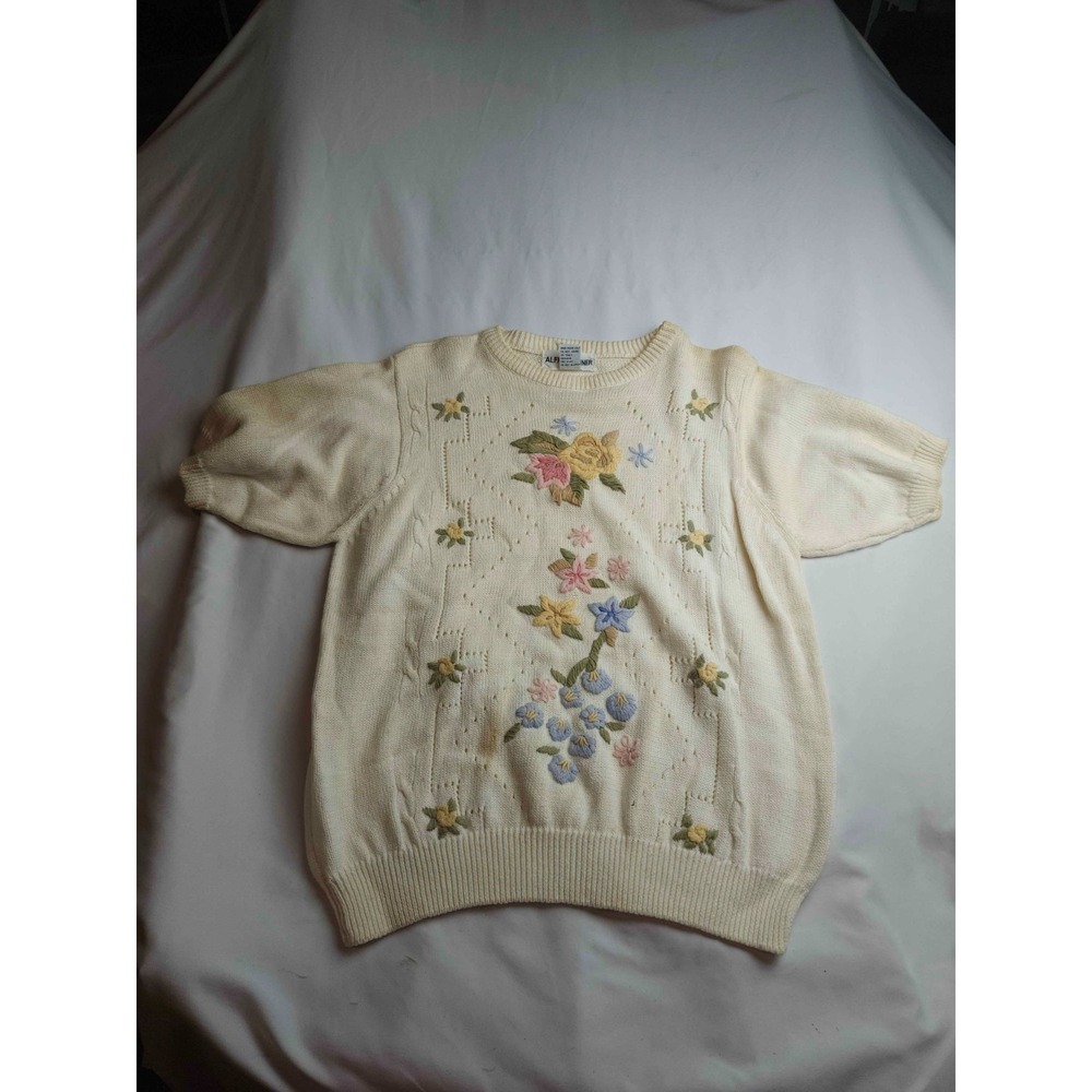 Vintage 90s Alfred Dunner Sweater Top Womens M Floral Embroidered Cottagecore